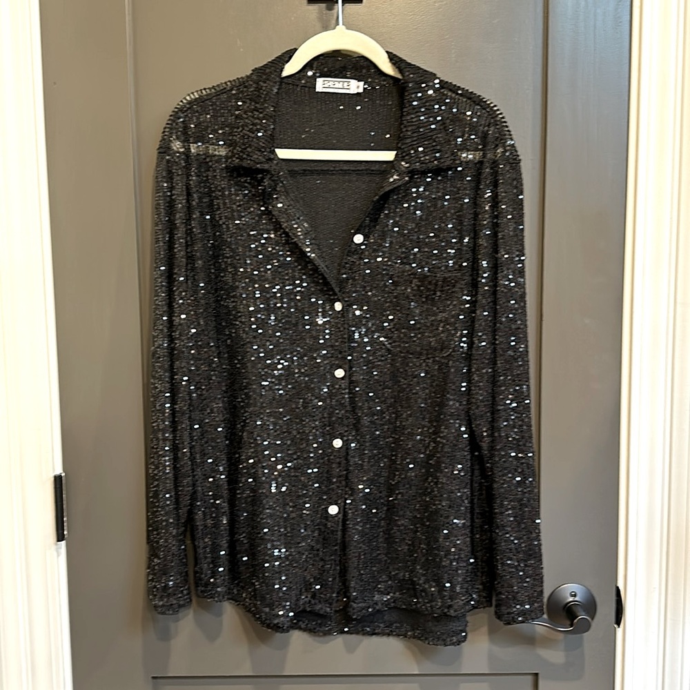 NWOT Black sequined, sheer blouse, size S